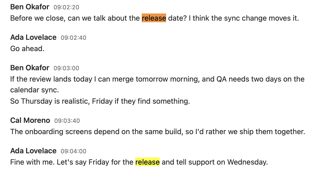 A CaptionSnap transcript: lines from Ben Okafor, Ada Lovelace and Cal Moreno, each with the time it was said, and the word release highlighted by search.