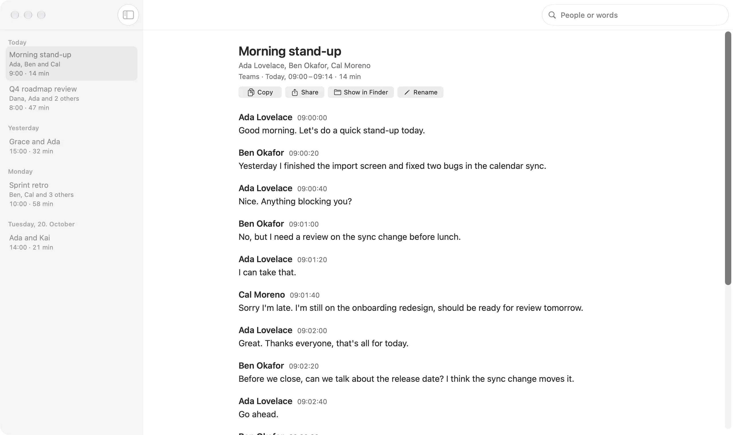 The CaptionSnap window: a list of meetings on the left, the Morning stand-up transcript of a Teams meeting on the right, each line with a speaker's name and time.